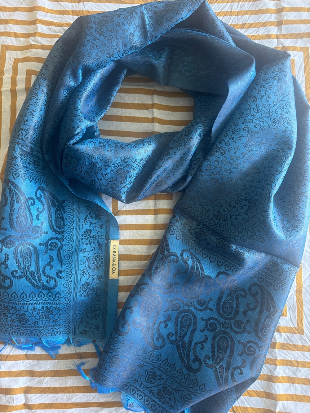 S.S. Rana & Co. Blue Paisley Silk Blend Pashmina Scarf Wrap Shawl